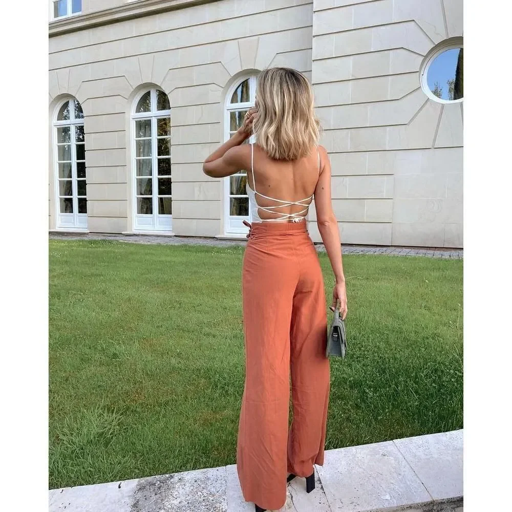 Zara Full Length Linen Blend Pants Brown